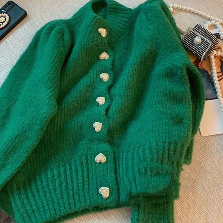 Retro Women Wearing Padded Green Knitted Coat
