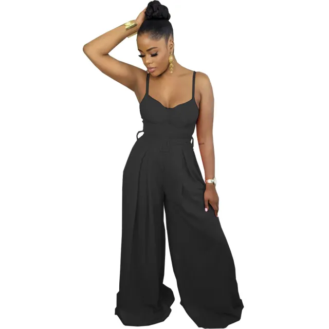 Fashion Solid Color Suspender Wide Leg Ladies Jumpsuit Black - Shop at LoveMi