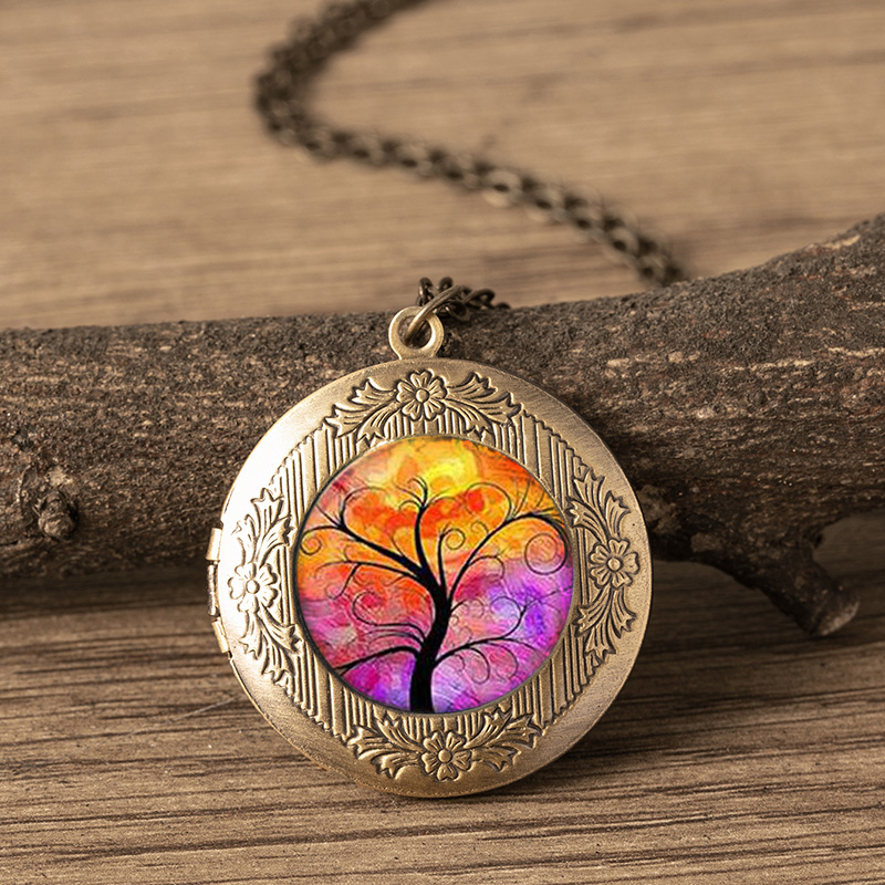 Vintage Tree of Life Antique Gold Photo Frame Locket Necklace