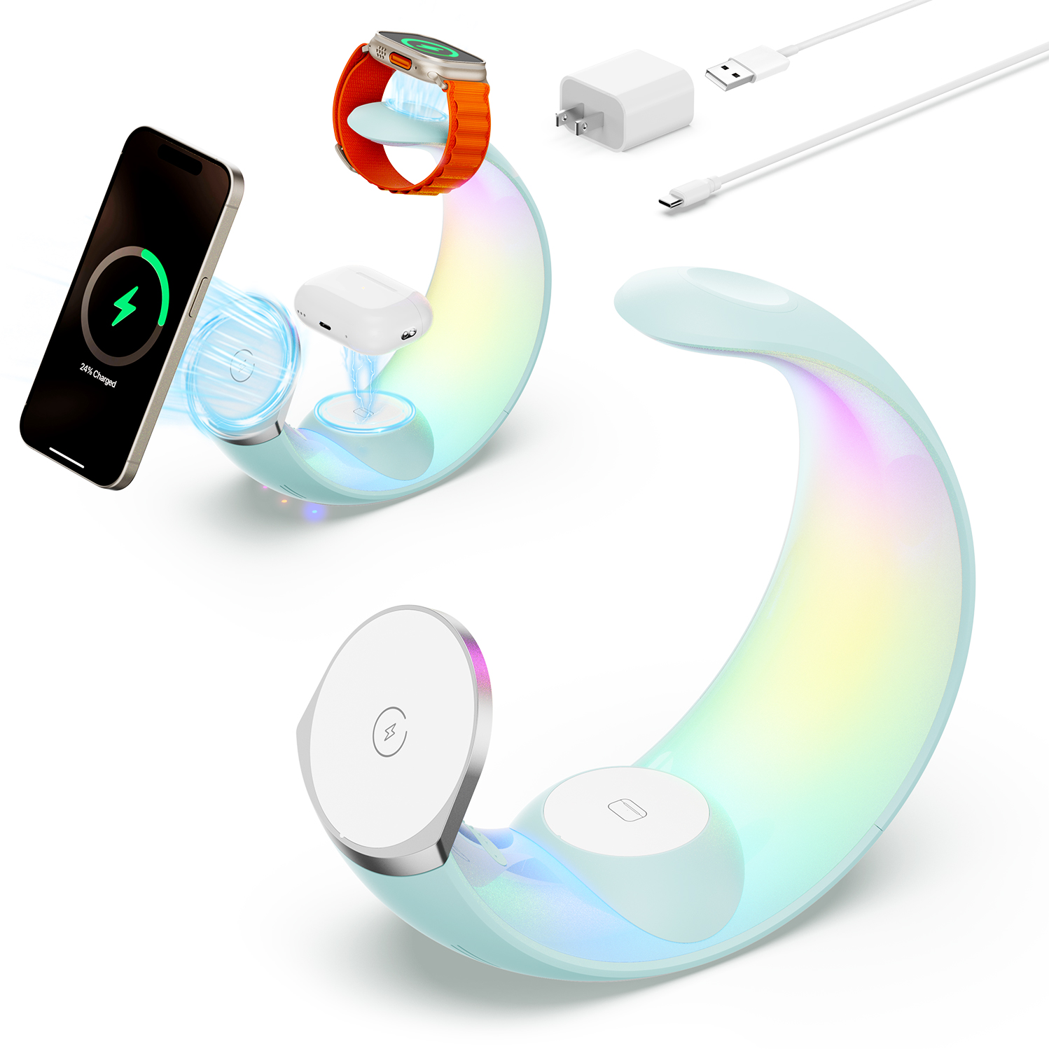 Support de chargeur sans fil magnétique 4 en 1 croissant pour plusieurs appareils sans prise - Photo 9 sur 12