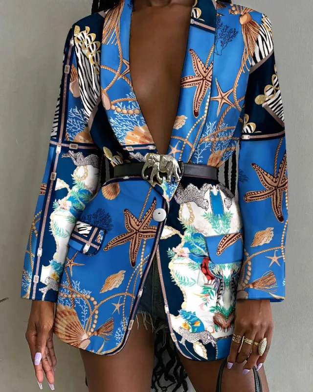 Fashion Printed Shawl Collar Single breasted Belt Blazer Women Blue - Shop at LoveMi