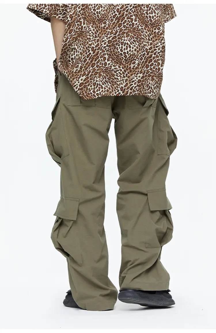 Wide-Leg Straight Leg American Army Green Multi-pocket Cargo Pants