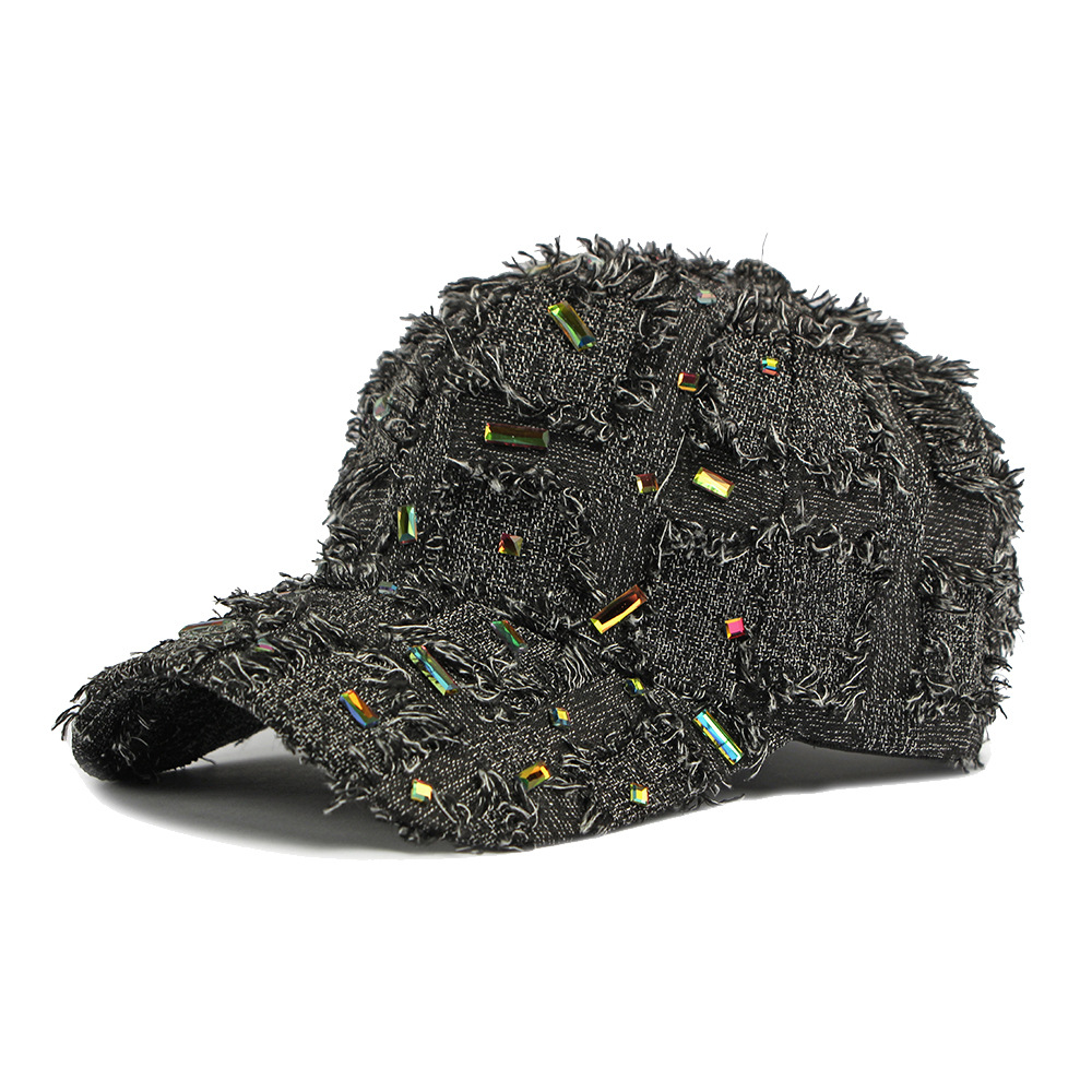 Vintage Distressed Fringed Diamond Baseball Cap With Streety Niche Design And Shiny Diamond Accents - Hip-hop Style Fedora Hat