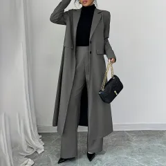Women's Suit Set, Long Blazer Jacket And Straight Leg Pants, Business Formal Office Outfits For Work, NO Lining - Grey - View 1