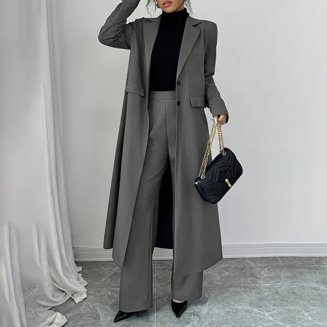 Women's Suit Set, Long Blazer Jacket And Straight Leg Pants, Business Formal Office Outfits For Work, NO Lining Grey - Shop at LoveMi