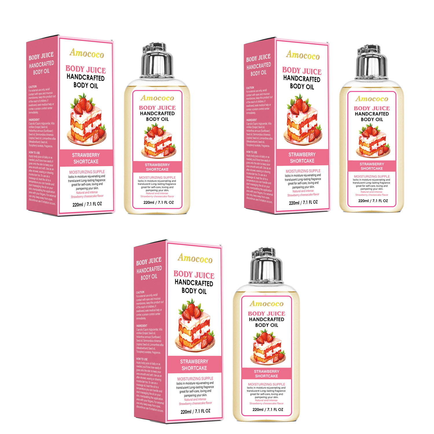 Only Supports Self Pickup With Waybill Amococo Strawberry Shortcake Body Juice Oil, 220ml Handcrafted Moisturizing Body Oil For Dry Skin, Long-Lasting Fragrance Body Massage Oil, Natural Plant-Based L