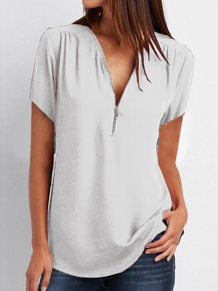 Title 10, V-neck Zipper Short-sleeved Chiffon Shirt