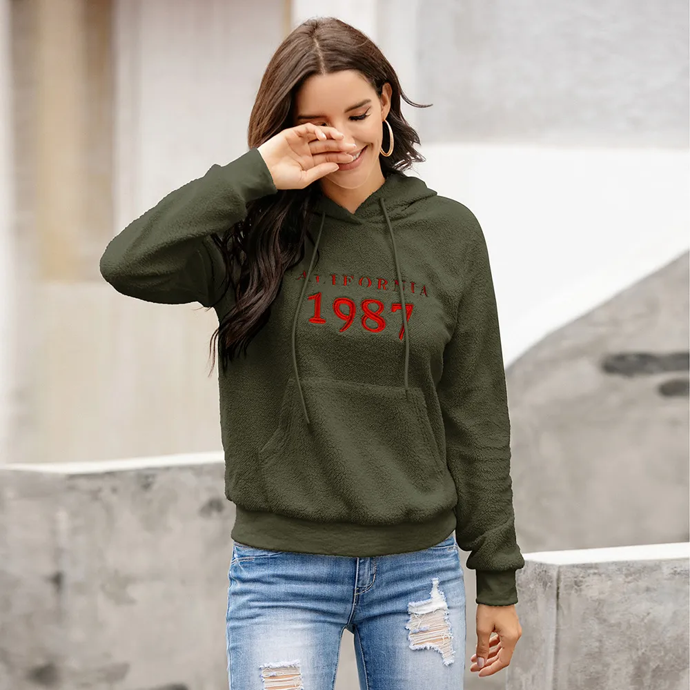 Lamb Fleece Casual Jacket Embroidered Plush Pullover Sweater Top Women - Green