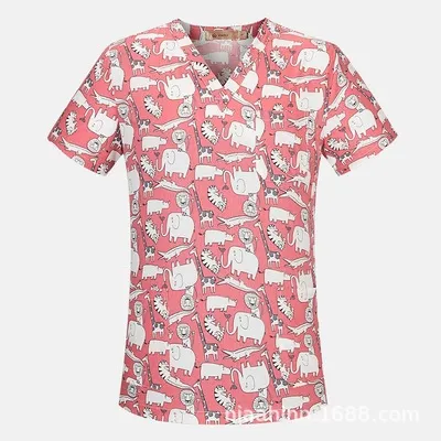 Men's And Women's V neck Printed Surgical Clothes, Hand Washing Clothes, Work Clothes, Short Sleeves Pink - Shop at LoveMi