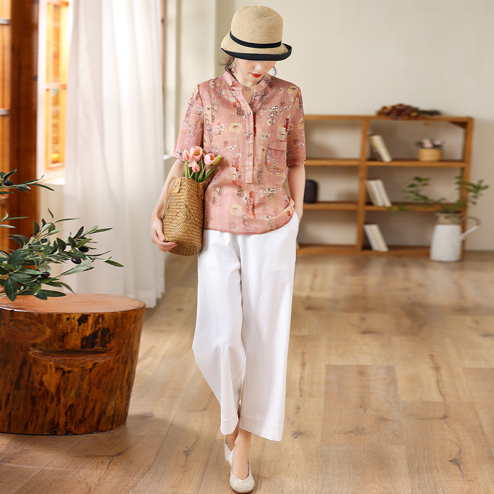 Ladies Printed Shirt Mid-Sleeve V-Neck Casual Top