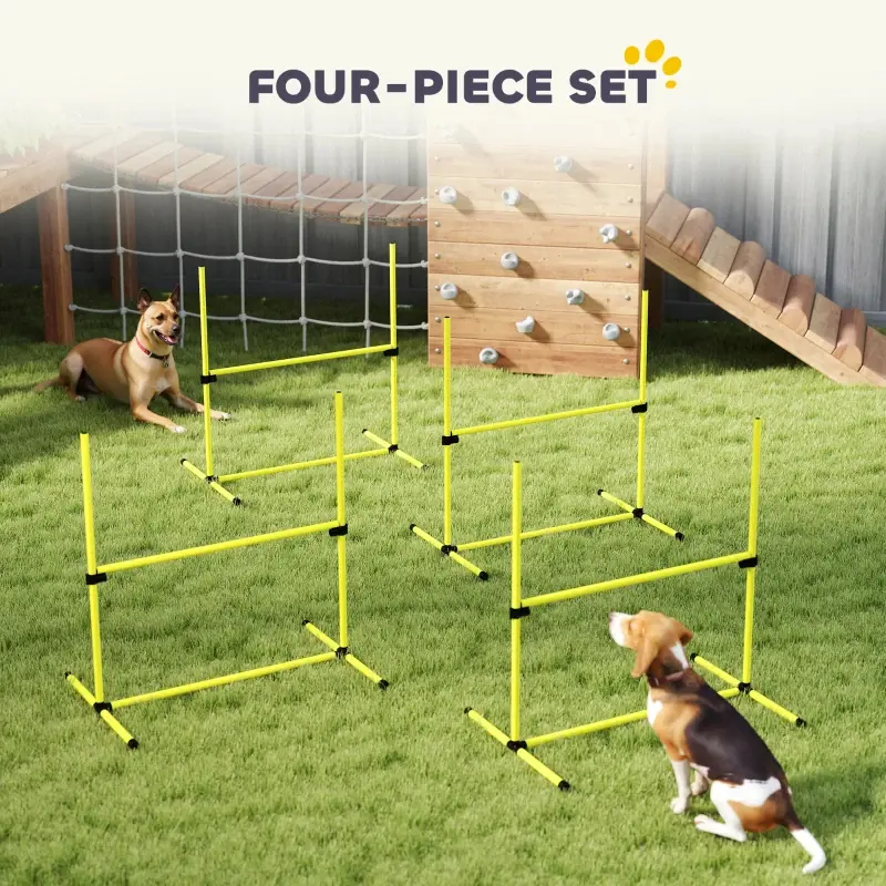 4 Piece Dog Agility Set With Adjustable Height Bars, Carry Bag, Displacing Top Bar, Yellow Yellow