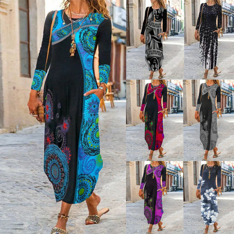 Women's Ethnic Print Long Sleeve Dress