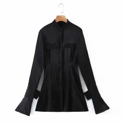 Ladies Pleated Waist Slimming Shirt Dress - Black - View 1