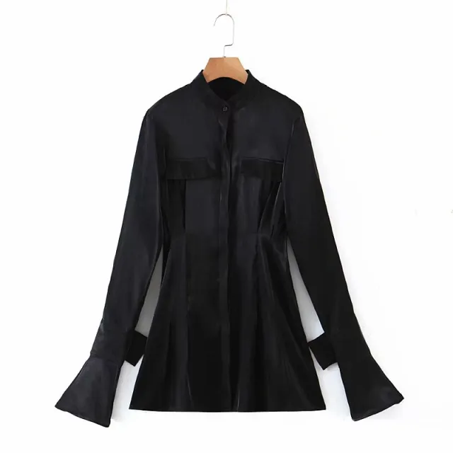 Ladies Pleated Waist Slimming Shirt Dress Black - Shop at LoveMi