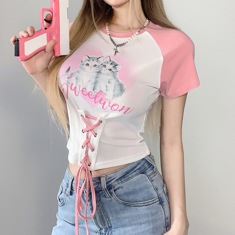 Lace-Up Waist Cropped Slim Fit Colorblock Versatile Top