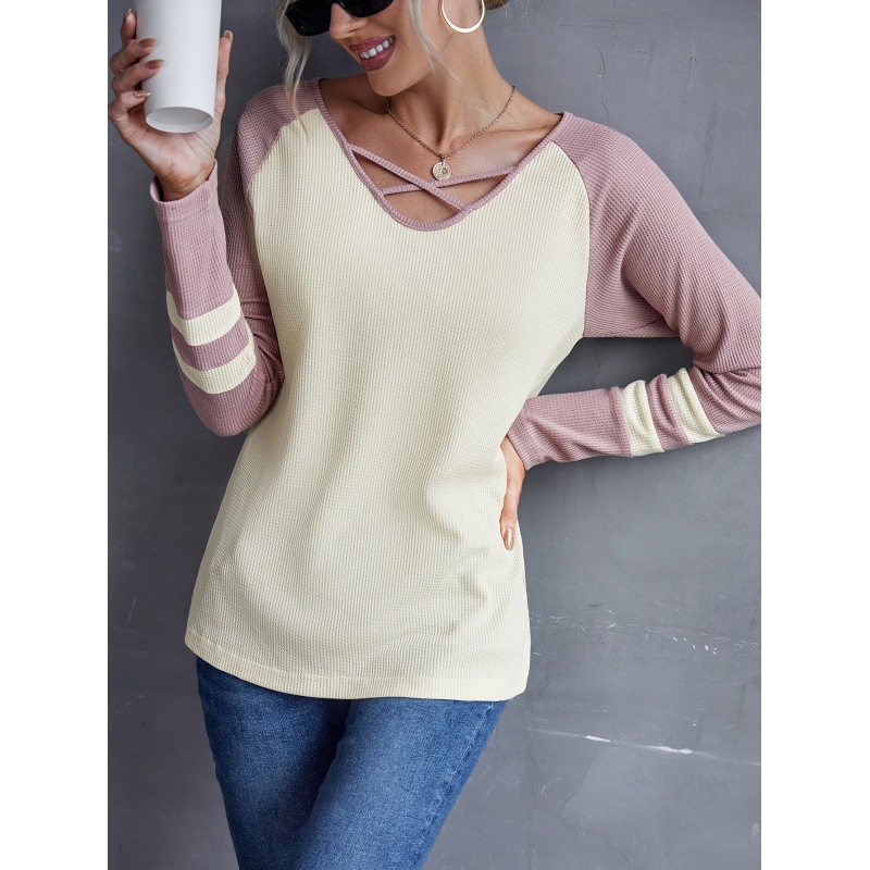 Contrasting Color V-neck Pullover Long-sleeved T-shirt