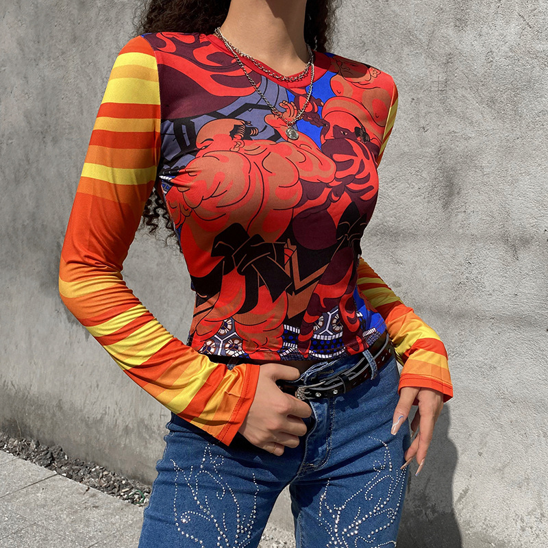 Personalized Abstract Print V Neck Long Sleeve T Shirt Slim Fit Bottoming Top