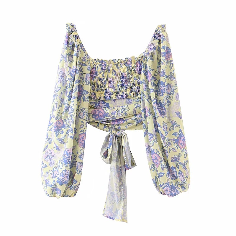 Women's Vintage Floral Lantern Sleeve V-Neck Fungus Lace-Up Top