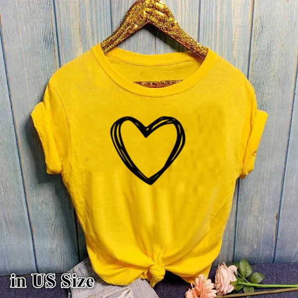 Heart Print T Shirt Women Short Sleeve O Neck Loose Tshirt Summer Women Causal Tee Shirt Tops Clothes Camisetas Mujer - Yellow