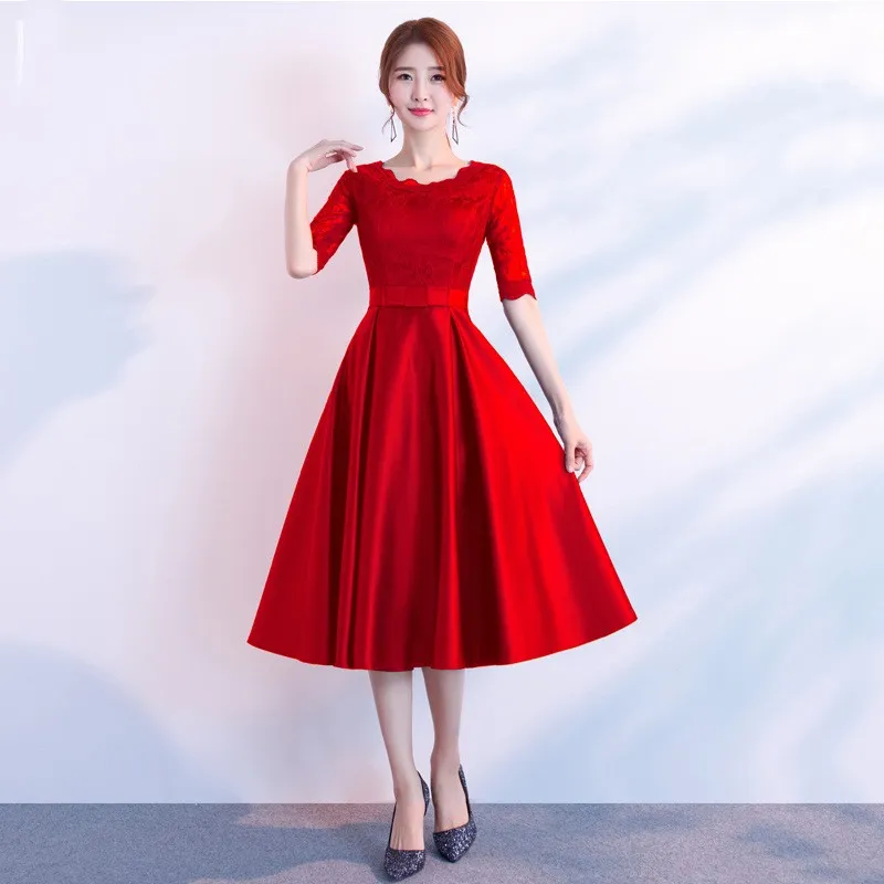The End Elegant Long Sleeve Thin Company Annual Meeting Black Dress Dress Long Section - Round Neck Red Midlength