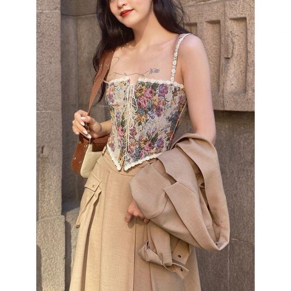 Women's French Vintage Camisole Floral Lace-up Tube Top