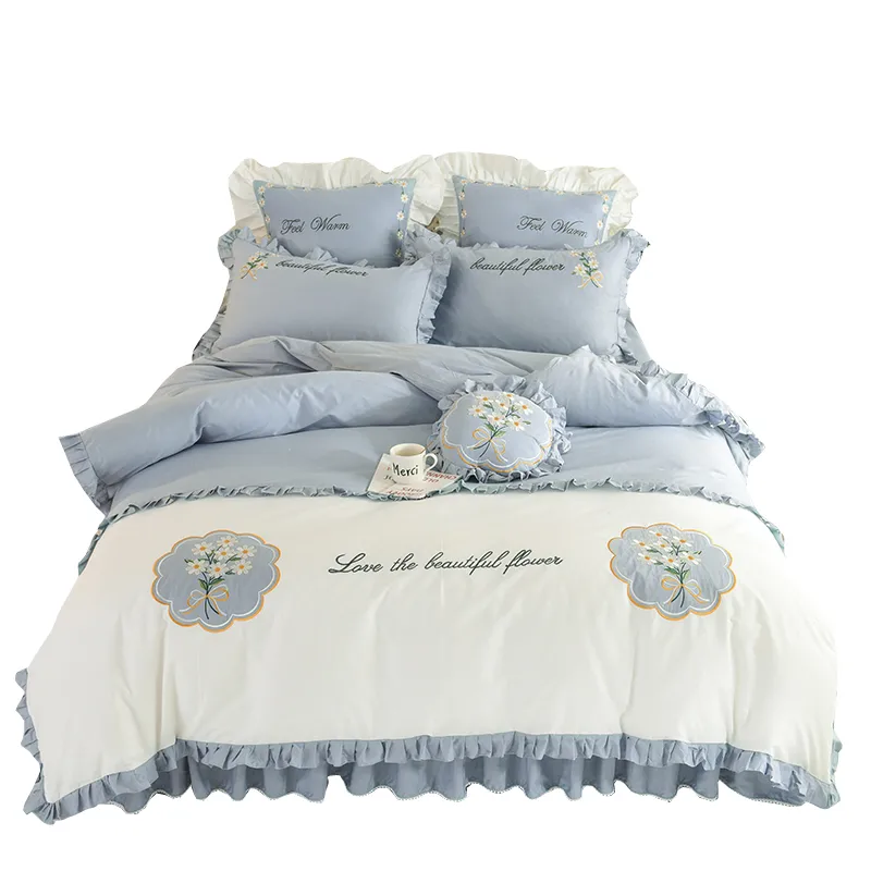 Summer Ruffled Cotton Four-piece Set Girl Heart Embroidery Flower