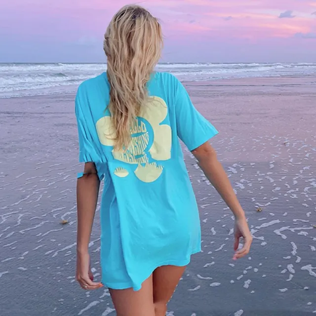 SUNFLOWER Printed Loose Round Neck Summer T shirt Blue - Shop at LoveMi