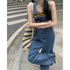Women's Age Reduction Denim Bibs Straight Wide Leg - Dark Blue - View 1
