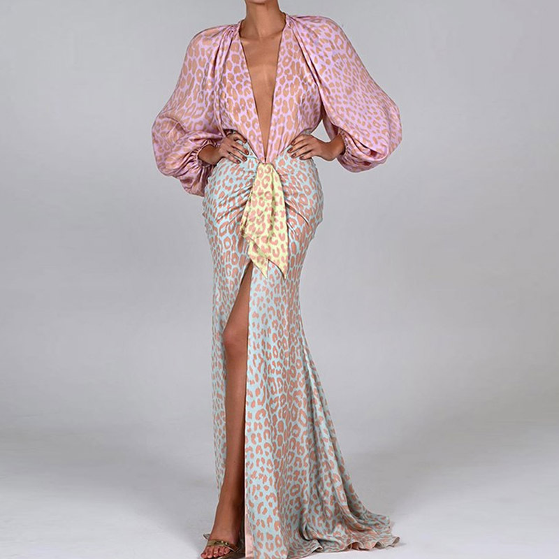 Printed Long-sleeved Deep V-neck Dress With Large Hem