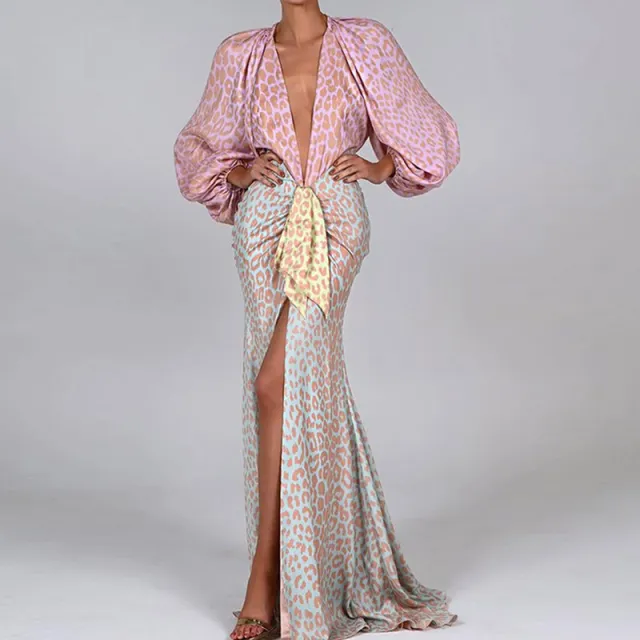Printed Long sleeved Deep V neck Dress With Large Hem Pink - Shop at LoveMi