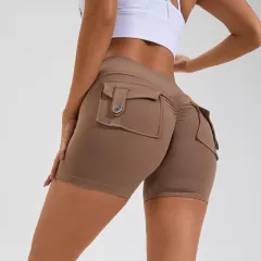 High Waist Hip Lifting Shorts With Pockets Quick Dry Yoga Fitness Sports Pants Summer Women Clothes - Cocoa-Xl - View 1