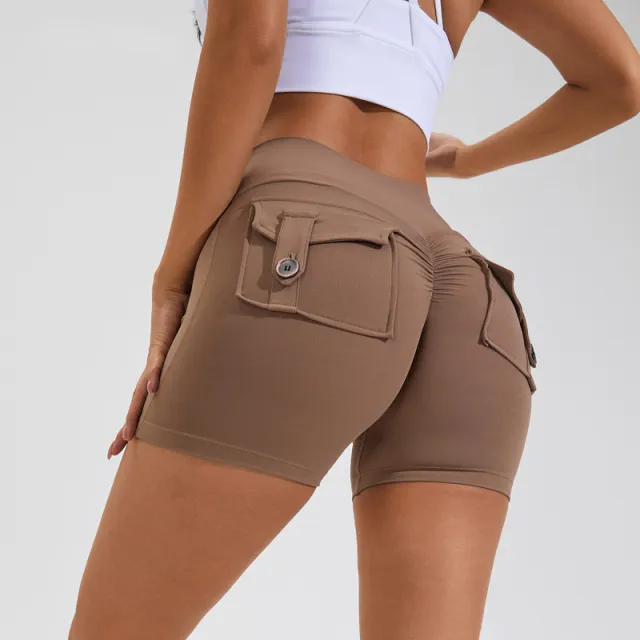 High Waist Hip Lifting Shorts With Pockets Quick Dry Yoga Fitness Sports Pants Summer Women Clothes Cocoa Xl - Shop at LoveMi