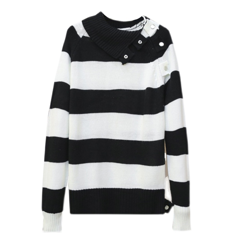 Fashionable Mid-length Striped Slit Lapel Knit Top