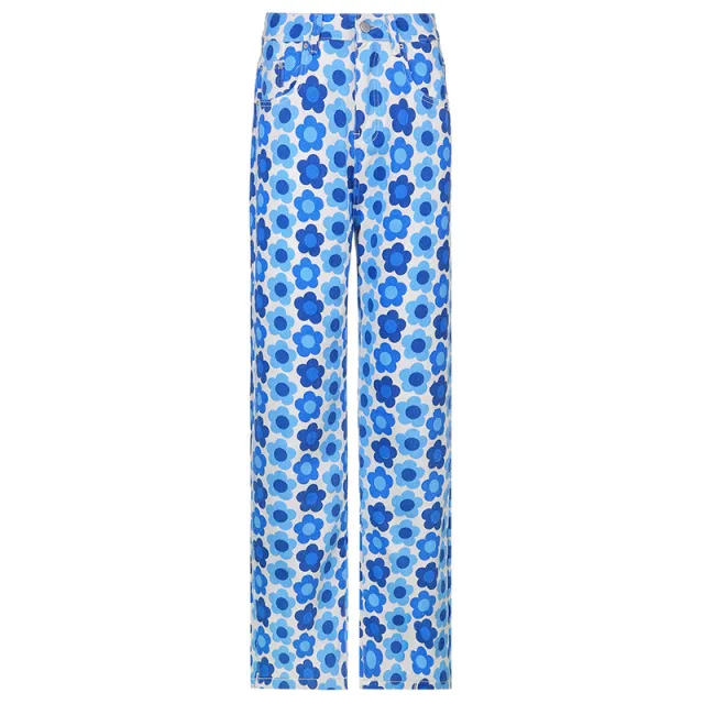 High rise Floral Print Straight leg Jeans Blue - Shop at LoveMi