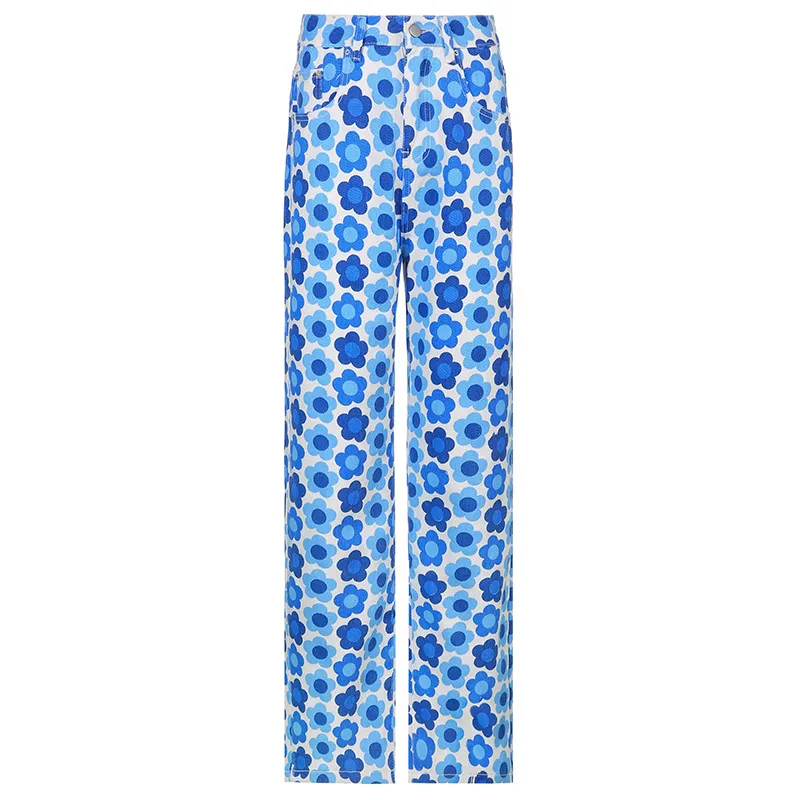 High-rise Floral Print Straight-leg Jeans - Blue