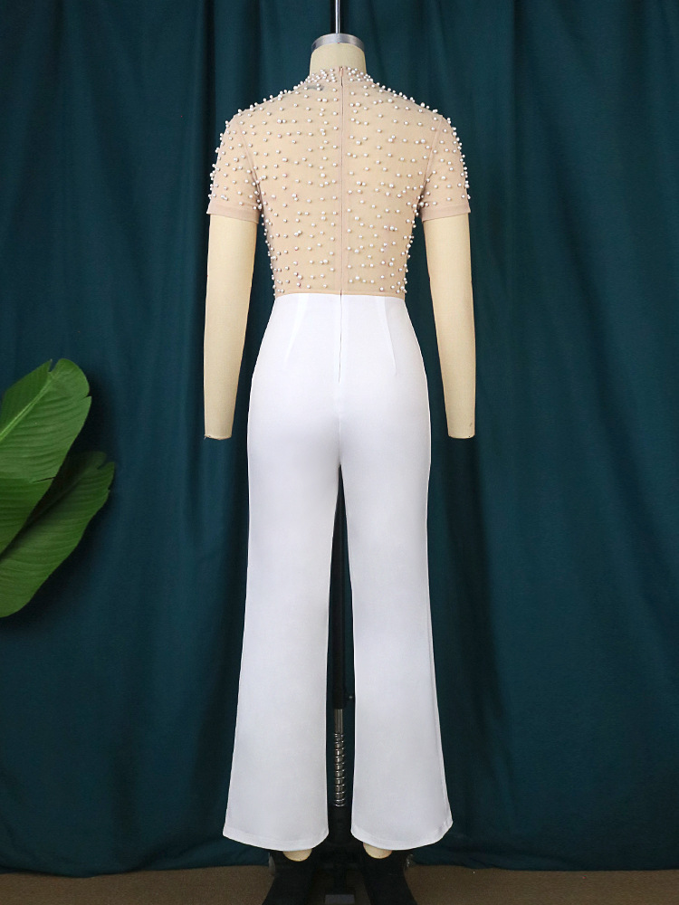 Round Neck Short Sleeve Beaded Jumpsuit Casual - Image 4
