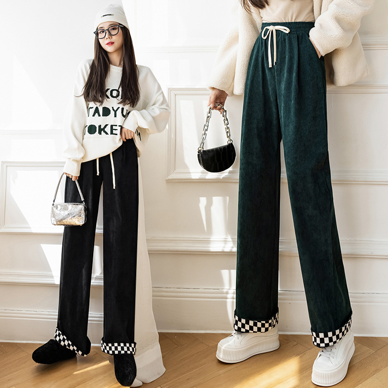 Women's Casual Wide-leg Pants Plaid Stitching Corduroy