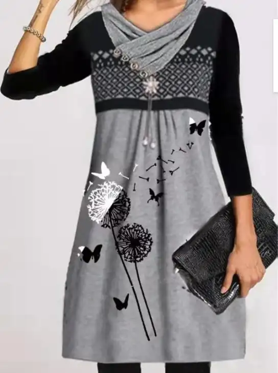 Casual Temperament Women's Pullover Long Sleeve Round Neck Swing Dress