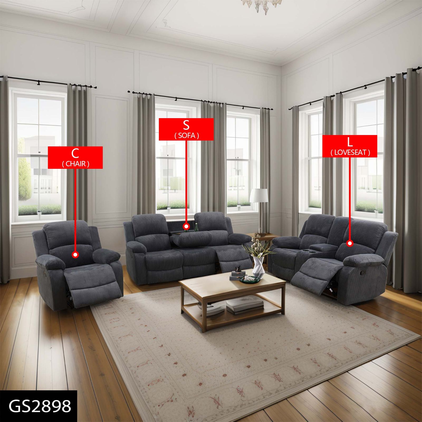 Pickup Only--Dark Grey Corduroy 3-Piece Living Room Recliner Sofa