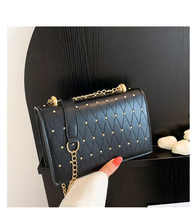 Design Fashion Diamond Chain Shoulder Messenger Bag Black - Shop at LoveMi