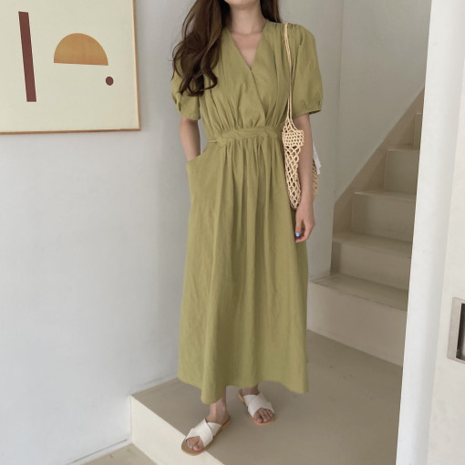 French Retro White V-neck Pocket Waist-tight Slimming Overknee Long Dress Cotton And Linen Puff Sleeve Dress