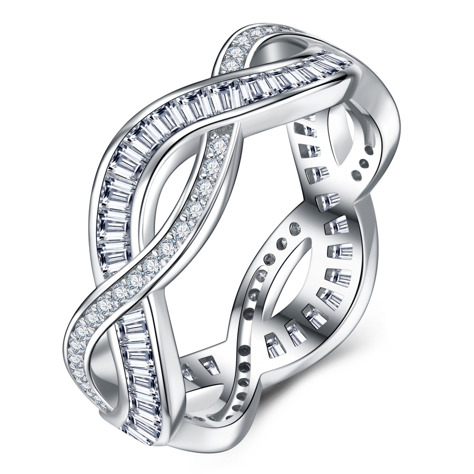 S925 Silver 3g Baguette Moissanite Intertwined Ring, D VVS1, GRA US 5-8