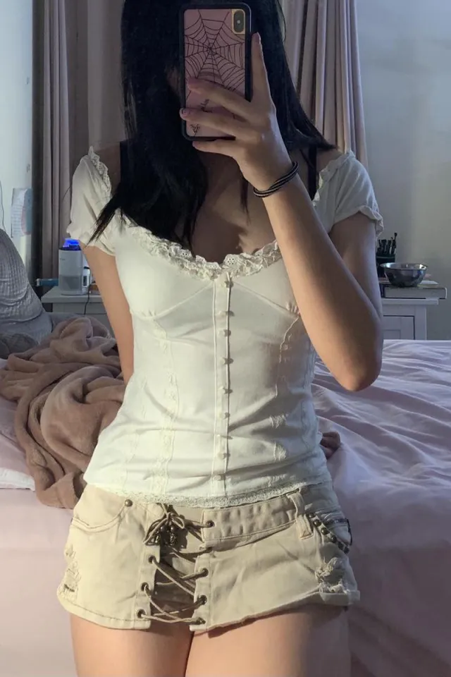 Women's Lace Button V neck Top White - Shop at LoveMi