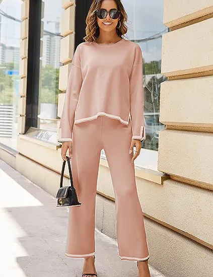 Women's Long Sleeve Knit Sweater Top Wide Leg Pants Casual Set Khaki - Shop at LoveMi