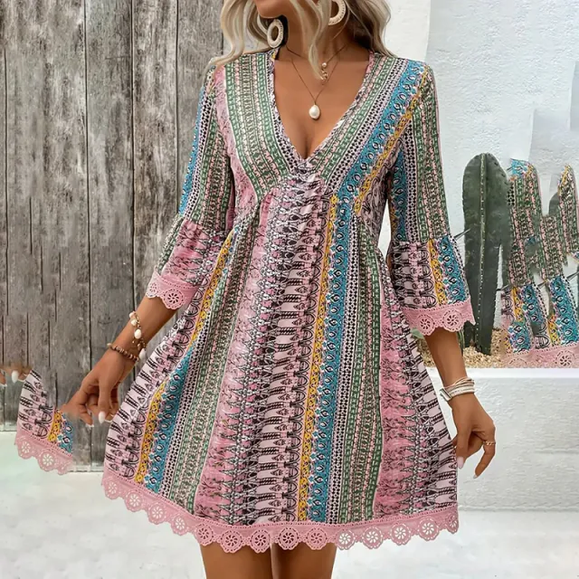 Women's V Neck Print Dress Lace Trim Summer Sundress, Casual Boho Chic Style Pink - Shop at LoveMi