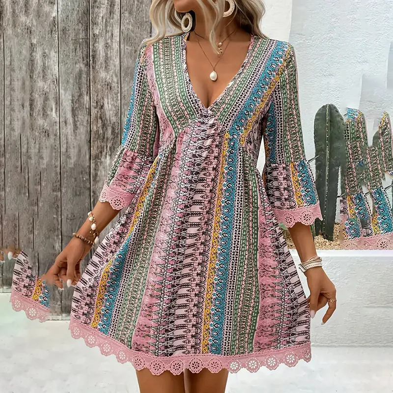 Women's V-Neck Print Dress - Lace Trim Summer Sundress, Casual Boho Chic Style - Pink