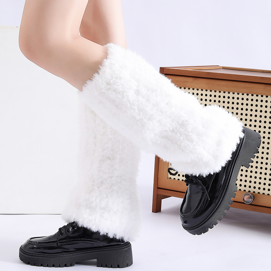 Autumn Winter Solid Knitted Fuzzy Sock Covers Women Thickened Warm Y2K Style Fleece-Lined Fluffy Fur Leg Warmers Calf Socks Pair
