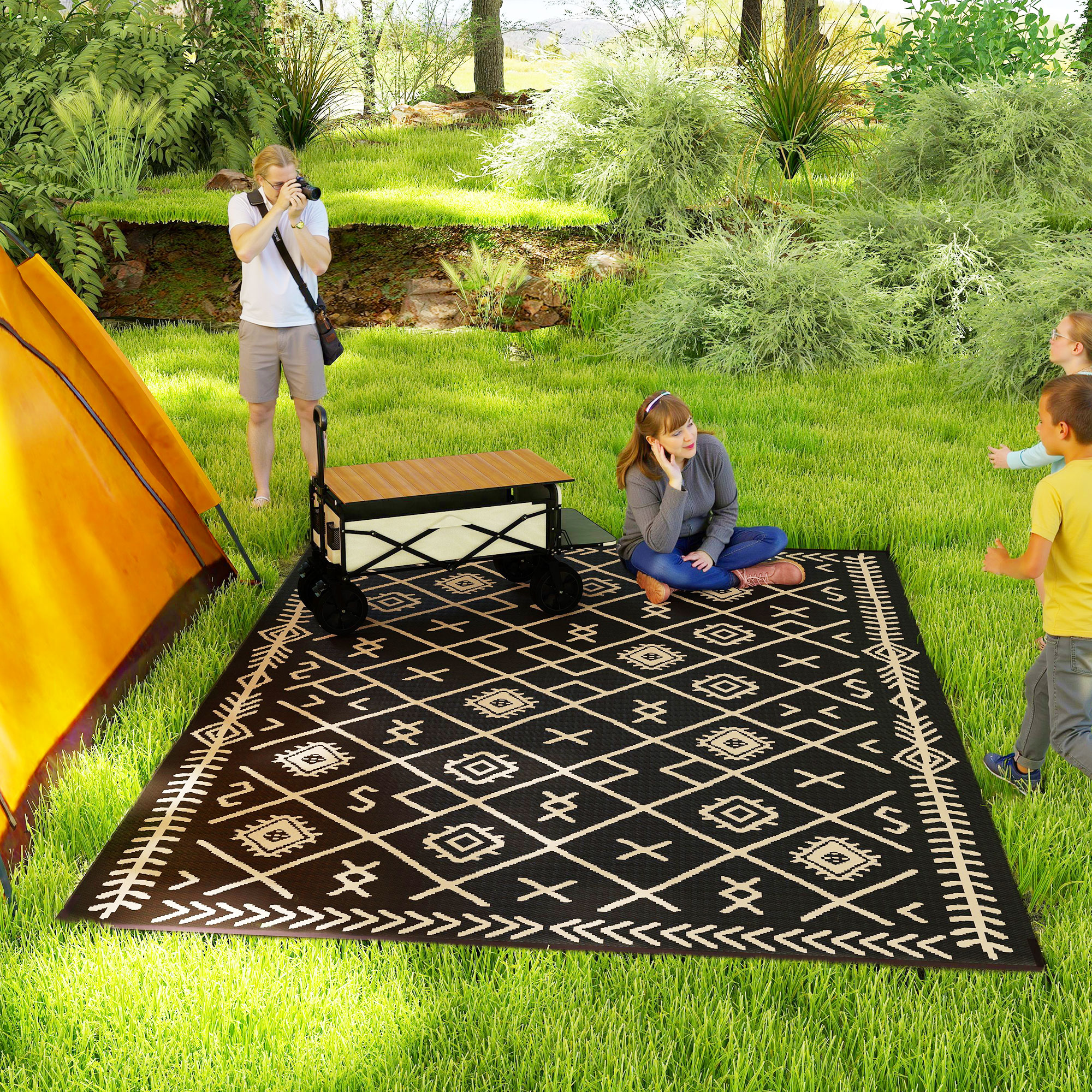 Reversible Outdoor Rug, Waterproof Plastic Straw With Carry Bag, 9 X 12, Black & Beige Rhombus Black - Shop at LoveMi