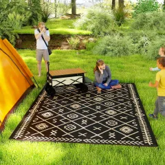 Reversible Outdoor Rug, Waterproof Plastic Straw With Carry Bag, 9 X 12, Black & Beige Rhombus - Black - View 1