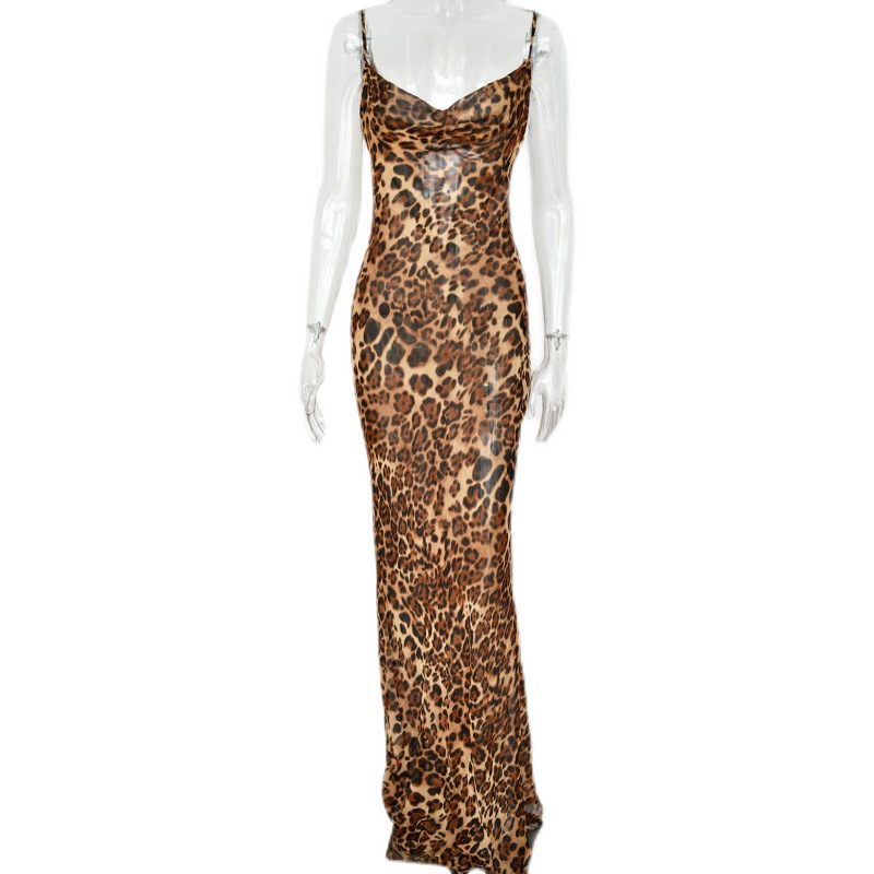 Leopard Bodycon Women Lace Up Long Dress Brown - Shop at LoveMi